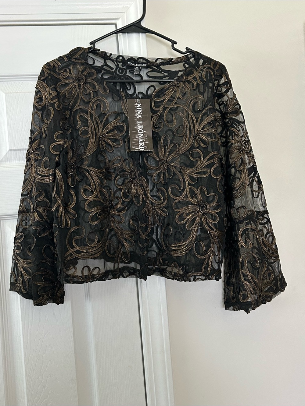 Nina Leonard Black Sheer Cropped Jacket with Gold Floral Embroidery